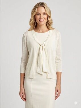 NWT DKNY Ivory Tie-Neck Open Front Waist- Length Cardigan Size Large